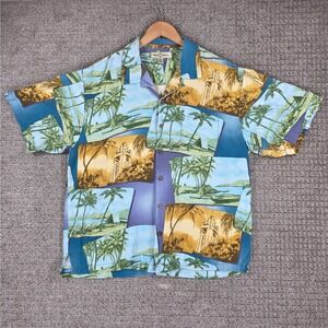 Tommy Bahama Mens XL Silk Hawaiian Shirt Tropical Postcard Print Short Sleeve
